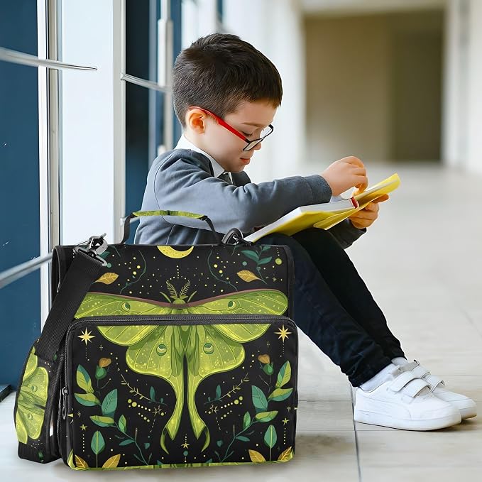 3 Ring Zipper Binder with Shoulder Strap Mystical Green Moon Moth Boho 1.5 inch Binders Keeper Large Capacity Multi Pockets for School Office Supplies