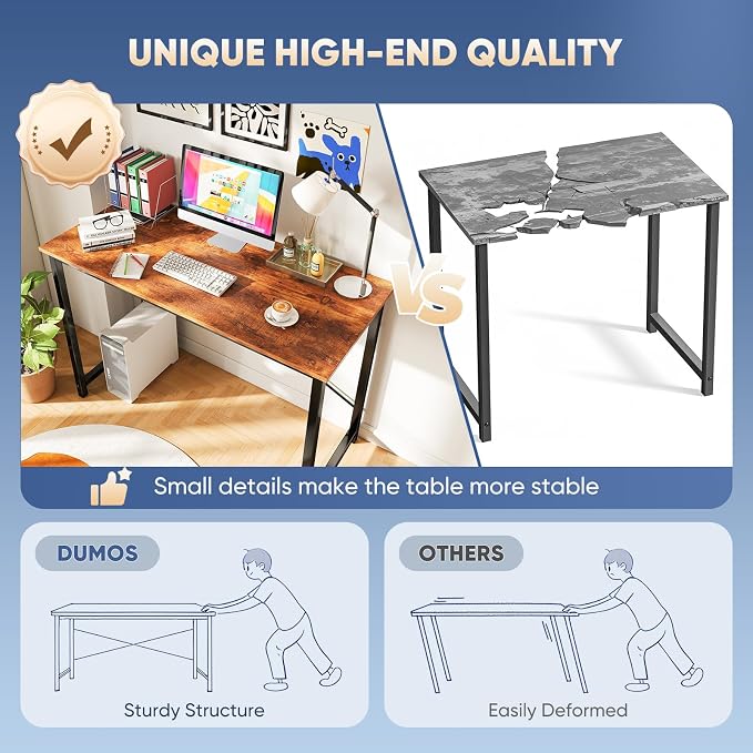 DUMOS 44 Inch Small Computer Desk, Gaming Desks for Home Office Bedroom | Modern Study Writing Work Table, Craft PC Desk Simple Workstation with Reinforcement Structure, Rustic Brown
