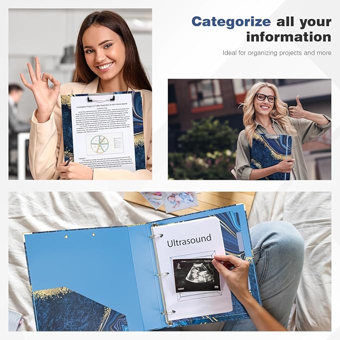 Ospelelf 3 Ring Binder, 1.5 Inch, Letter Size (11" x 8.5") with 5 Tab Dividers, File Folder Labels and Low Profile Clipboards, Blue Marble Binder for School and Office Supplies