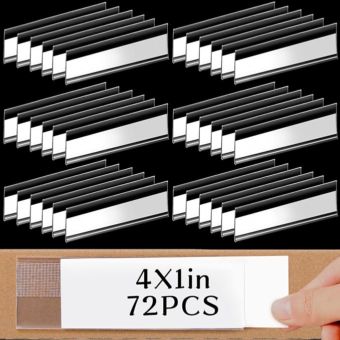 72 Pieces Clear Plastic Adhesive Shelf Tag & Price Label Holders for Supermarket, School, Library, Mailbox & Storage Bins(4 x 1 Inch)