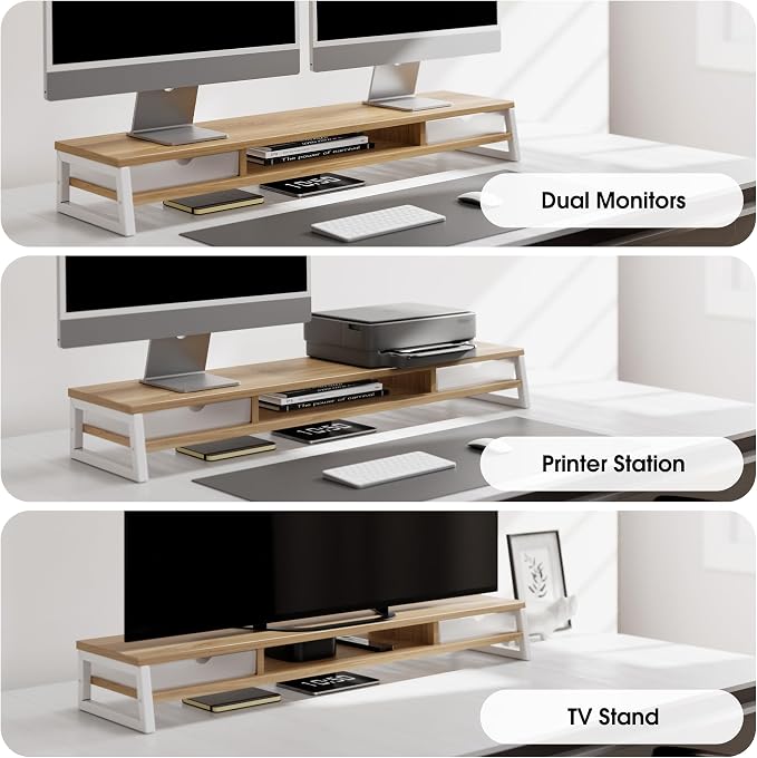 Fenge Dual Monitor Stand Riser, 42.5in Desk Shelf with 2 Drawers, Dark Oak | 2-Tier Monitor Shelf for Desk, Storage Drawer with Stopper, Frosted, fit Home Office, Ultrawide Screen, PC, Laptop, TV