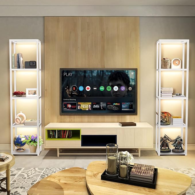 OUTON 67" Glass Display Shelf with Dimmable LED Floor Lamp, Collectibles Display Cabinet with Remote & App Control, 5 Tier Open Bookshelf Lamp for Living Room, Bedroom, Office, Home Decor, White