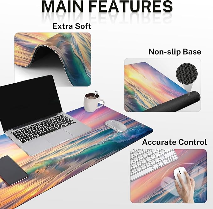 Keyboard Mouse Pad Set, 4 in 1 Desk Mat Set, Sunset Beach | Large Mousepad+Keyboard Wrist Rest+Mouse Wrist Rest+Coaster Ergonomic Design for Home Office Computer