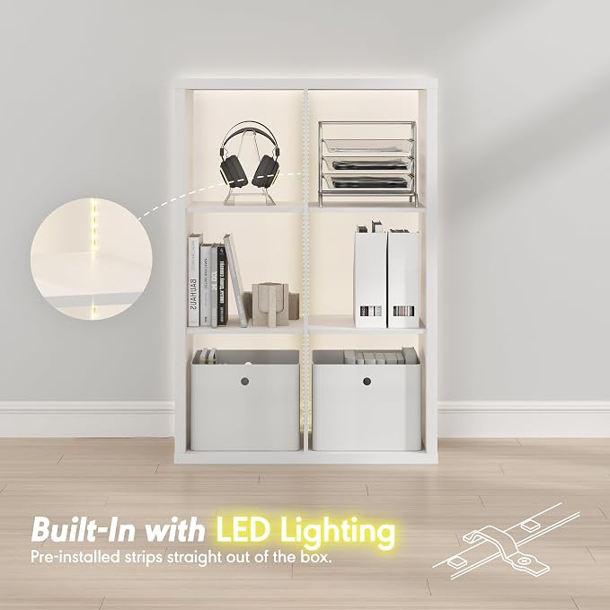 Furinno Cubicle Book Shelf with LED Lights, 6-Cube Bookshelf, Reversible Extra Thick Frame Bookcase, Display Storage Shelves, for Living Room, Bedroom, Home Office, White