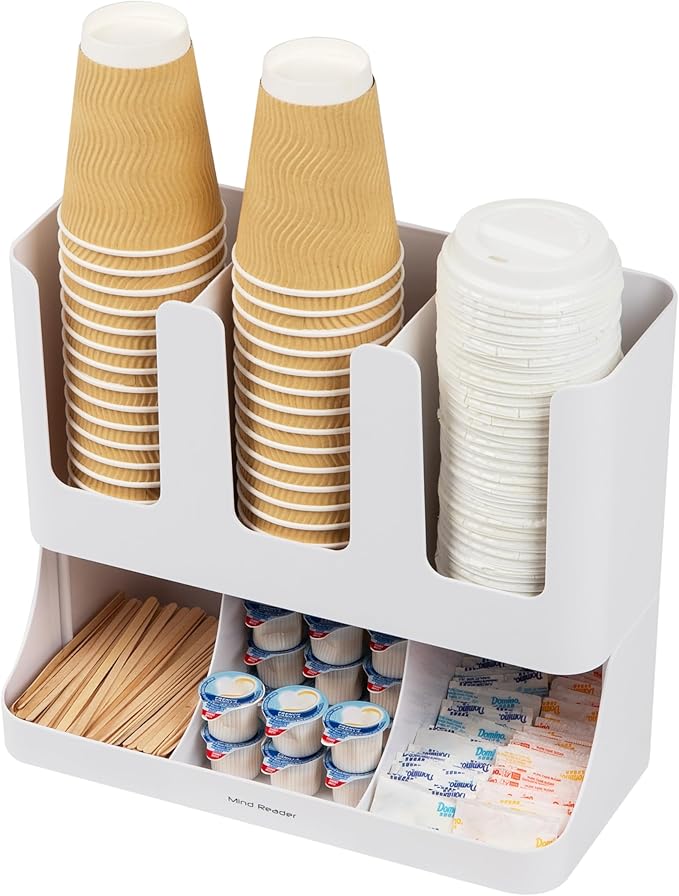 Mind Reader Cup and Condiment Station, 13 Inch Countertop Coffee Bar Organizer with 6 Compartments, Storage Caddy for Cups, Lids and Packets, Plastic, White 13" L x 6.4" W x 11.5" H (Pack of 4)