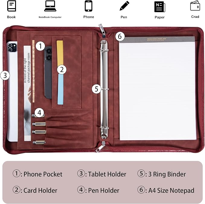 Vintage Red Embossed Vegan Leather Binder Portfolio for Women,3 Ring Portfolio Binder with Zipper, A4 PlannerBinder with Laptop Pocket, Legal Size Padfolio,WorkBinder Organizer for Women Padfolio