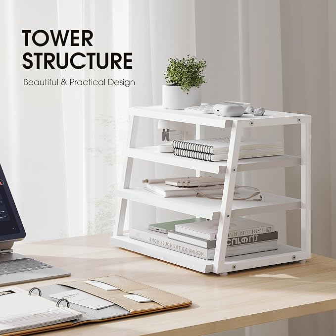 Fenge Desk Shelf Organizer, 4-Tier Tower Desktop Office Shelves, White | Wood and Metal Open Shelf, Corner File Organizer for Office Supplies, Top of Desk Organizers and Accessories