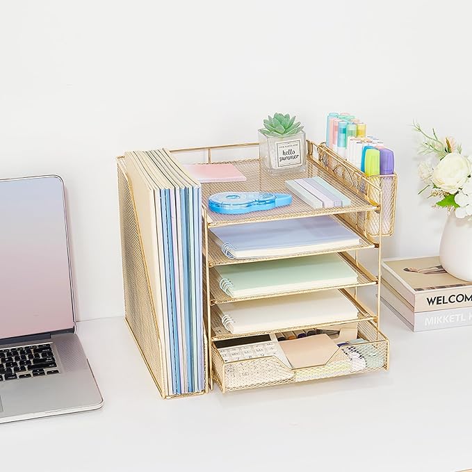 5-Tier Desk File Organizer with Drawer & Pen Holder (Gold) | Desk Organizers and Accessories, Office Desk Accessories & Workspace Desktop Organizers for Classroom, Home, Office Supplies