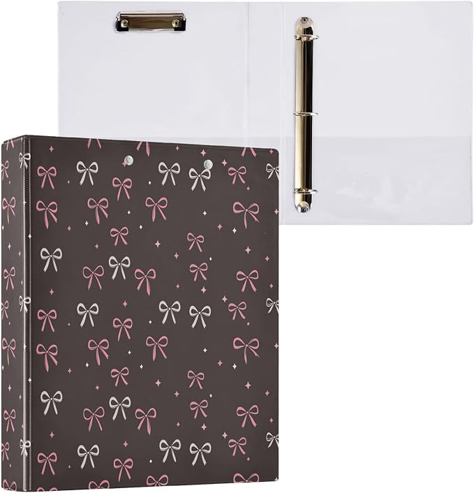 Pink Bow Knot Ribbon Cute Round Ring Binders 1.5 Inch Black White Polka Dot 3 Ring Clipboard Binder for Office School Work Supplies File Folder Document 200 Sheet Capacity Easy Open 2 Pieces