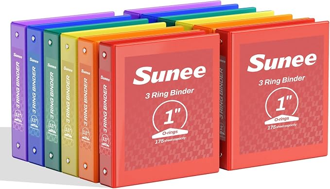 SUNEE 3 Ring Binders 1 Inch 12 Pack Classic Assortment, Clear View Binders Bulk Three Ring PVC-Free (Fit 8.5x11 Inches) for School or Office Business Supplies