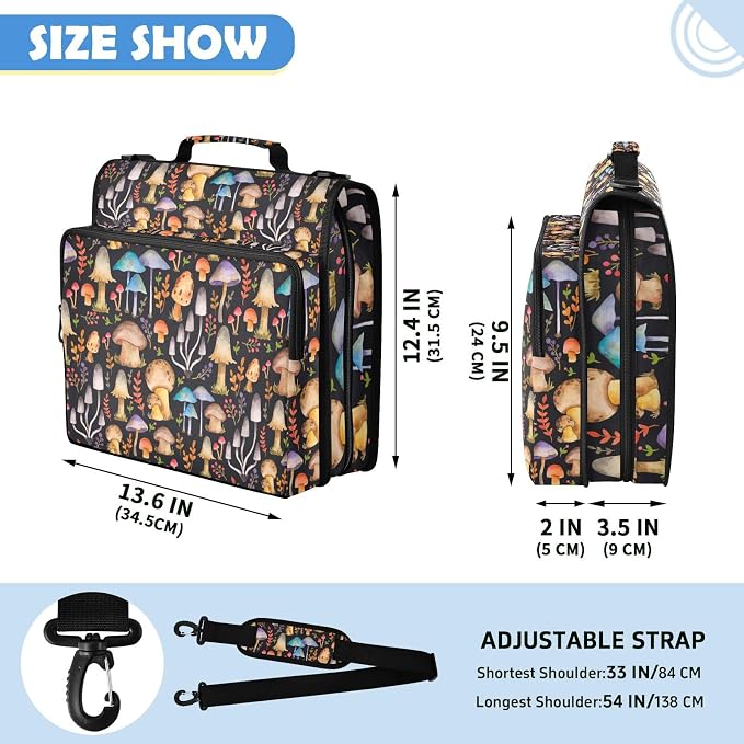 Mushrooms Print Zipper Binder File Organizer Bag 3 D-Ring | with Shoulder Strap, Holds 500 Sheets & 14in Laptop, 3 Ring Binder for Office Supplies