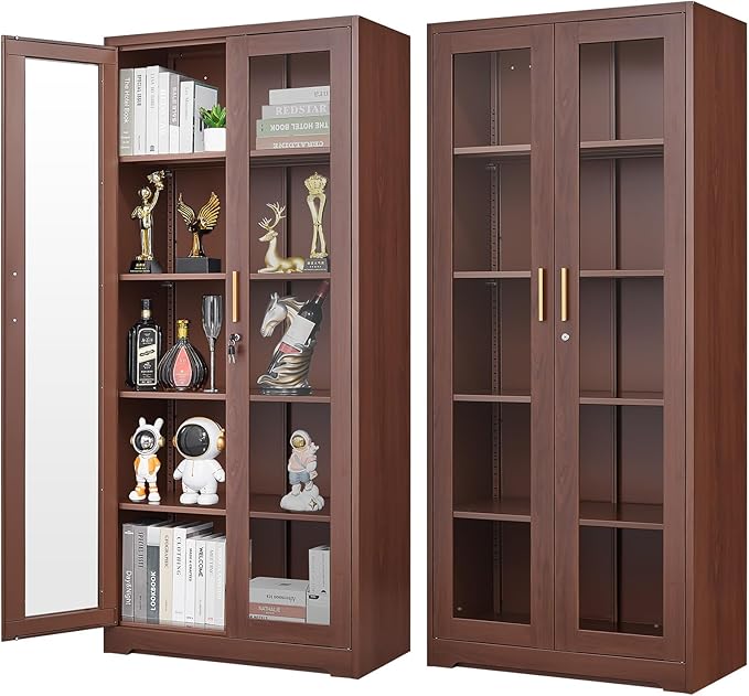 Polup 71" Wood Grain Metal Glass Display Cabinet with Security Lock | 5-Tier Curio Case & Tempered Doors, 4 Adjustable Shelves, Heavy-Duty China Storage for Living Room, School & Commercial
