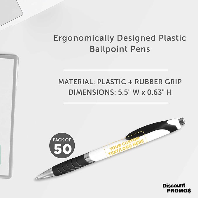 DISCOUNT PROMOS Ballpoint Pens With Rubber Grip - 50 pack - Customizable Text, Logo - Black Ink Ball Point Pen with Soft Touch Plastic - White