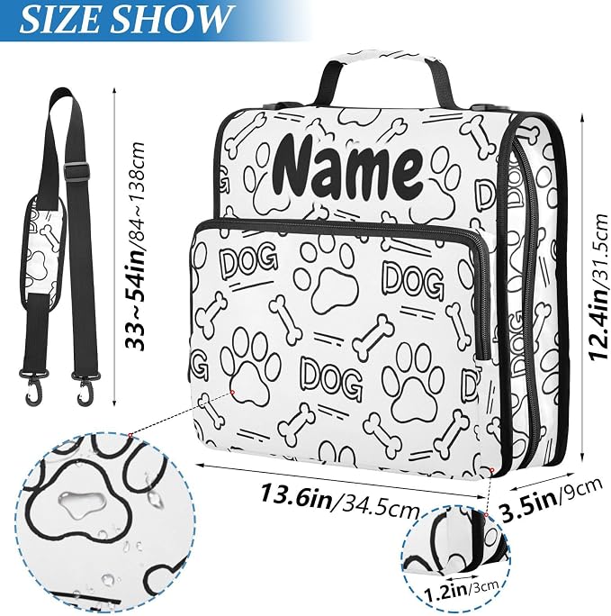 Custom Dog Paw Print Bones 3 Ring Binder Bag 1.5 inch Personalized Name Binder Organizer 500 Sheet Documents Storage for School Office