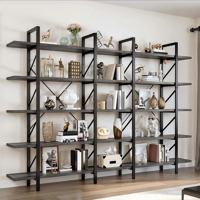 DWVO 5-Tier Bookshelf, 70.9" Tall Bookshelves Vintage BookCases with 5 Shelves Display Storage Shelves for Home Office, Living Room, Charcoal Gray