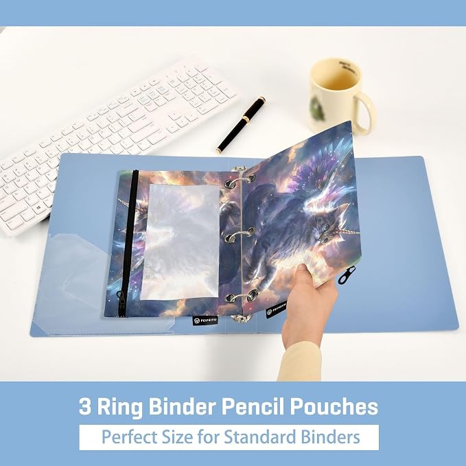 Unicorn Cat with Wings Pencil Pouch for 3 Ring Binder, 2 Pack Waterproof Pencil Bags Clear Window Pencil Case Zipper School Office Supplies