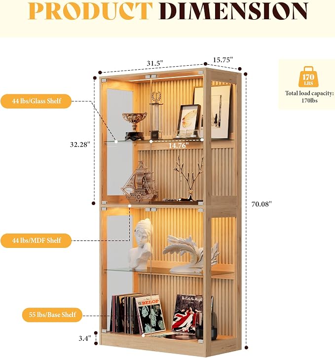 AMERLIFE 32-Inch RGB Display Cabinet with Glass Shelves | 70 H x 32 W x 16 D In, 4-Tier Storage, RGB LED Lights, Press-to-Open Doors, for Collectibles, Wood-Grain Slatted Finish