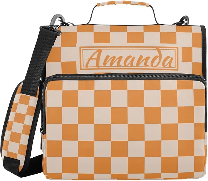 Custom 3 Ring Zipper Binder Orange Checkerboard Personalized Name 1.5 inch Binders Large Capacity Multi Pockets for School Office Supplies