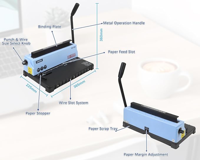 RAYSON TD-132 3:1 Wire Binding Machine, 12-Sheet Punch, 120-Sheet Capacity | 32-hole Letter-size punching with 2.5, 3.5, and 4.5 mm margins; binding capacity varies by margin and paper thickness.