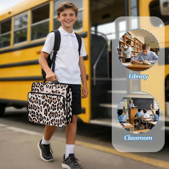 Leopard Print Zipper Binder File Organizer Bag 3 D-Ring | with Shoulder Strap, Holds 500 Sheets & 14in Laptop, 3 Ring Binder for Office Supplies