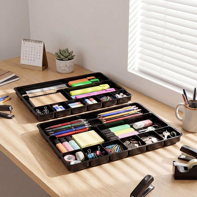 4 Pcs Desk Drawer Organizer Tray 14" x 9" x 1",Black | Shallow Desk Drawer Organizer with 9 Storage Compartments for Home Office Classroom School Organizing Pens Paper Clips