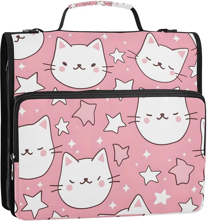 3 Ring Zipper Binder with Shoulder Strap Cat Star Pink 2 Inch Zippered Binder Bag 500 Sheet Capacity Multi Pockets for School Supplies