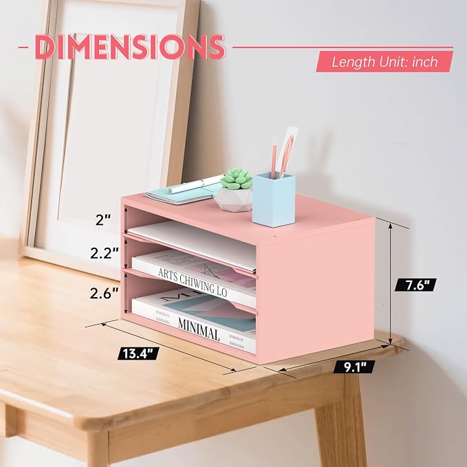 3 Tier Wood Desk Organizer, Mail Sorter and Paper Organizer for Desk, Pink | Wooden Desktop Organizer for Sorting Papers, Letters and Mails, Literature Organizer for Home Office, Classroom Organization