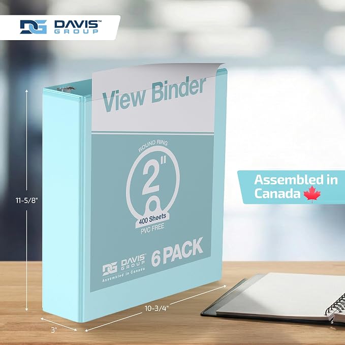 Pack of 6 Premium View Binders, Ring Binders with Clear-View Cover and Interior Pockets, Pastel Color Options, 2 Inch, Aqua