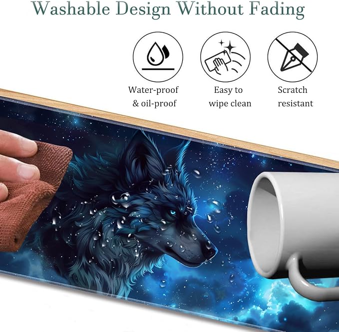 Extended Gaming Mouse Pad 31.5" x 11.8", with Edge Stitching, Non-Slip Rubber Base Keyboard Pad, Suitable for Work, Game, Office, Home and Coasters, Starry Sky Wolf