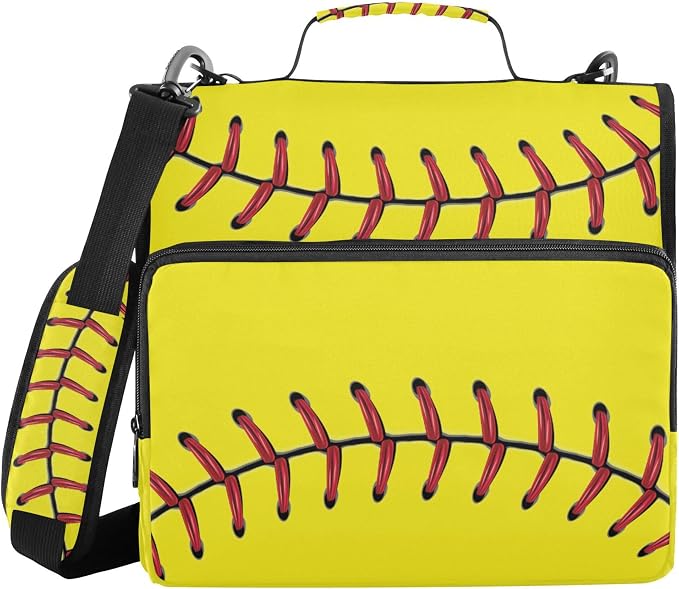 Fisyme Softball Baseball Yellow Zipper Binder 3 Ring with Zipper and Shoulder Strap Large Capacity Multi-Pocket Zipper Binder Organizer