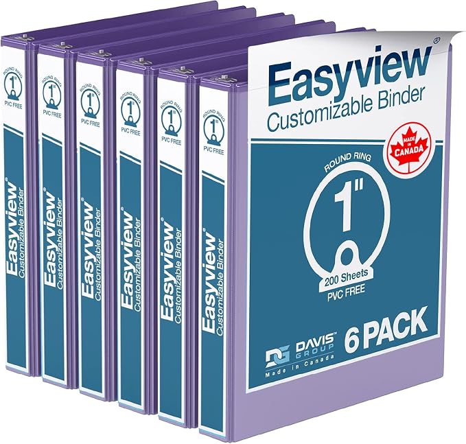 Easyview Premium 3-Ring Binders with Clear-View Covers and Round Rings, Binders for School or Office, 1 Inch, Pack of 6, Purple