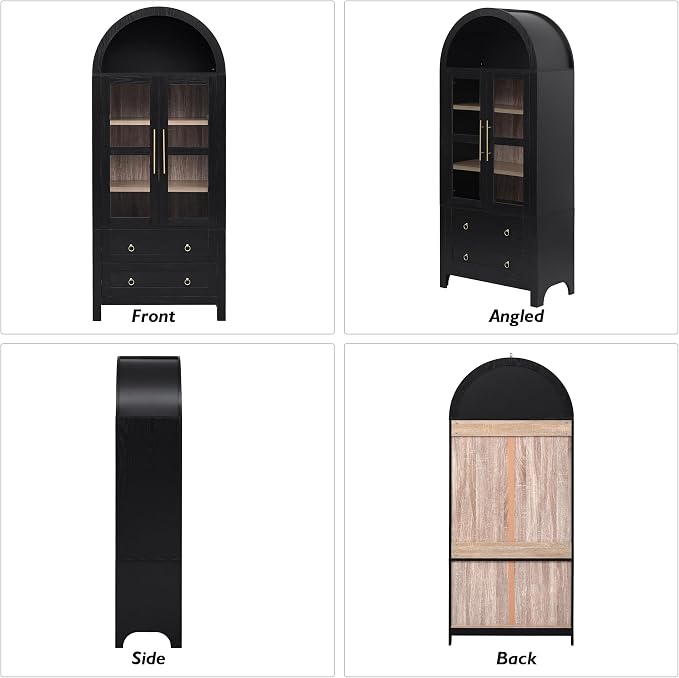 71" Arched Storage Cabinets with Glass Doors, Farmhouse Kitchen Pantry Cabinet with 2 Large Drawers, Tall Bookcase with Adjustable Shelves, Curio Cabinet, Display Cabinet (Black)