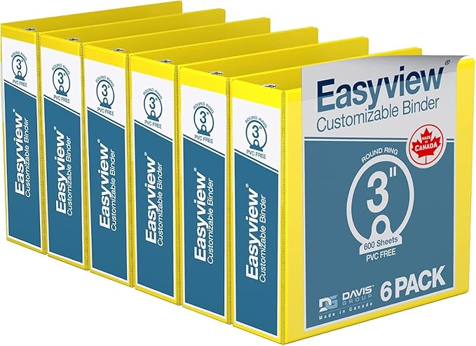 Davis Group Easyview Premium 3-Ring Binders with Clear-View Covers and Round Rings, Binders for School or Office, 3 Inch, Pack of 6, Yellow