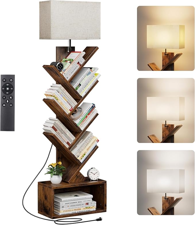 Evermagin 6 Tier Tree Bookshelf with Light, Bookcase, Remote Control | Rustic Brown Small Book Tower, Storage Cabinet for Book Organization, Floor Standing for Living Room, Bedroom & Home Office