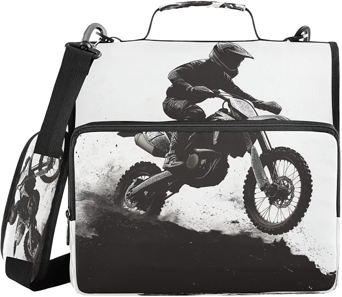 Motocross Rider Zipper Binder for School with Shoulder Strap & Extra Pockets - 1.5 Inch 3-Ring Binder Holds 500+ Sheets, Textbooks, Laptop