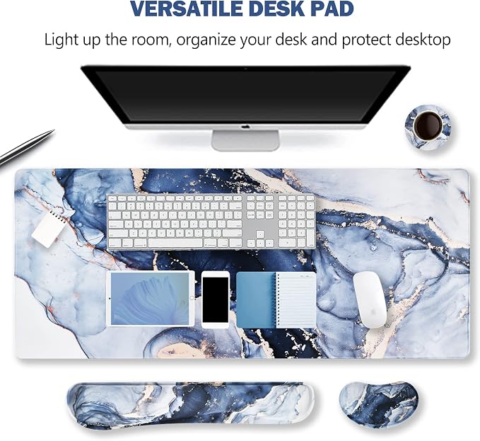 Large Gaming Mouse Pad, Keyboard Wrist Rest Pad & Wrist Support Mousepad Set, Stitched Edge, Extended, Non-Slip Base, Memory Foam,Multifunctional Desk Mat 4pcs for Office & Home, Gilt Marble