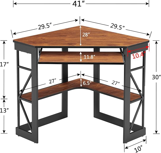 VECELO Corner Desk Computer Desk Writing Table with Smooth Keyboard Tray&Storage Shelves for Small Spaces/Compact Home Office Triangle Table,Teak Brown