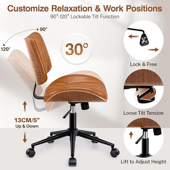 Ergonomic Armless Office Desk Chair - Mid-Century Retro Orange Faux Leather with Diamond Stitch, Adjustable Height Swivel Rolling Task Computer Chair with Walnut Accent for Home Office, Study & Work