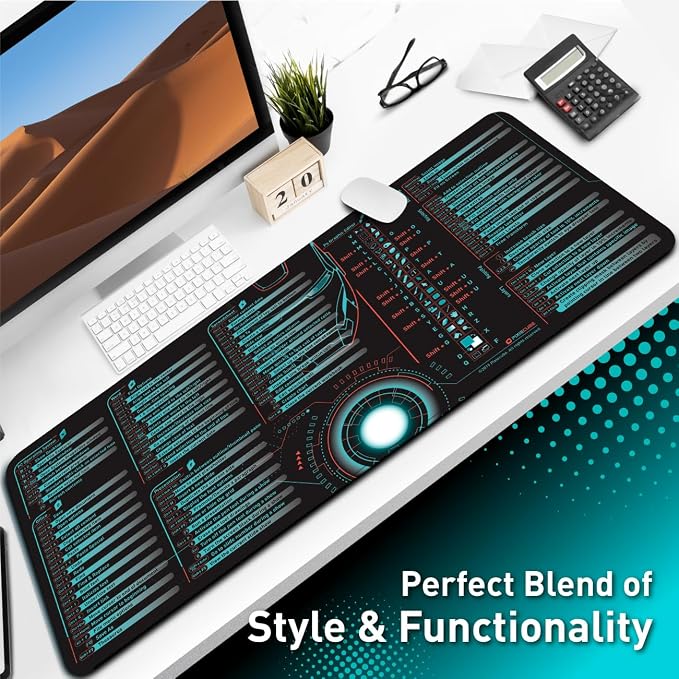 Pixiecube Windows, Office, Excel, Adobe Photoshop Shortcut Keys Extended Large Mouse Pad | Gaming Desk Mat for PC. Stitched Edge Non-Slip Base Mousepad, Keyboard Mat
