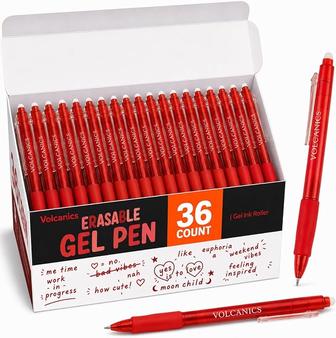 Volcanics Erasable Gel Pens Red Ink, 0.7MM,36 Pack Retractable Clicker Gel Ink Pen, Fine Point Smooth Writing for Office Work Journaling