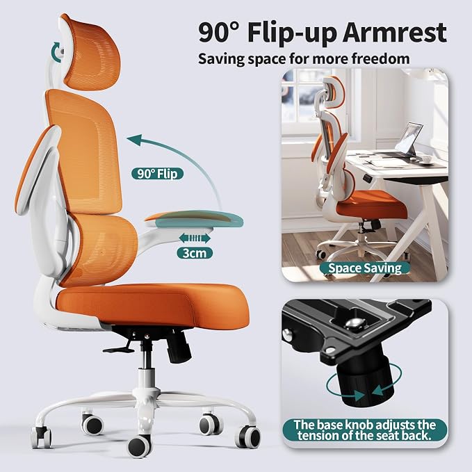 TRALT Office Chair Ergonomic Desk Chair - Gaming Chair with Lumbar Support | 330 LBS Home Office Desk Chairs with Headrest, Reading Chair with Flip-up Armrests, Comfortable Computer Chairs (1, Orange)