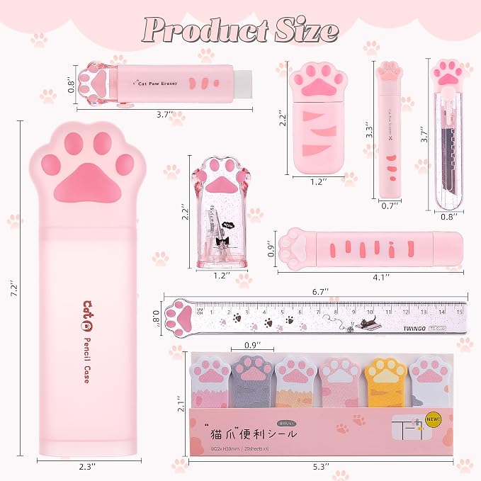 9 Pcs Cute Cat Paw Stationery Set Kawaii School Supplies Including Pencil Sharpener Retractable Eraser Correction Tape Sticky Notes Ruler Mini Scissors Utility Knife for Cat Lovers Students (Pink)