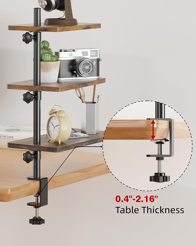 3 Tiers Clamp On Desk Shelf, 360° Angle Adjustable Desktop Shelf Organizer for Home Office Gaming Room, No Drill Desk Extender Adapt to 0.4-2.16 inches Table Thick, Black Brown