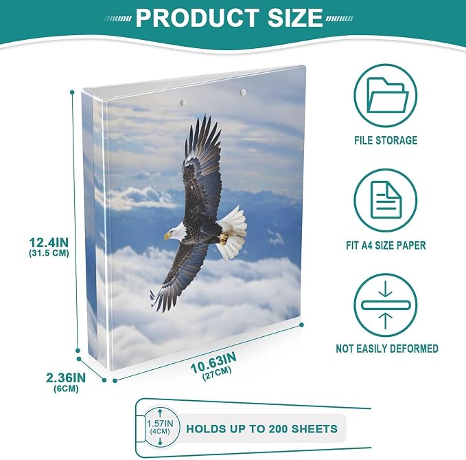 Custom 3 Ring Binder Bald Eagle Flying 1.5" Round Ring Binders Personalized Name View Binder with 200 Sheet for Women Men Office Kids School Supplies, 1 Pack