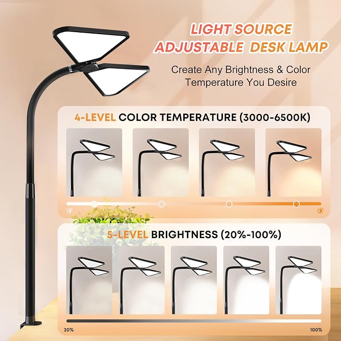 AILBTON Ultra-Large Gooseneck Desk Lamp with Clamp| Dual-Source Super Bright LED Study Light with Flexible Arms, 5 Brightness & 4 Color Modes for Home Office/Reading