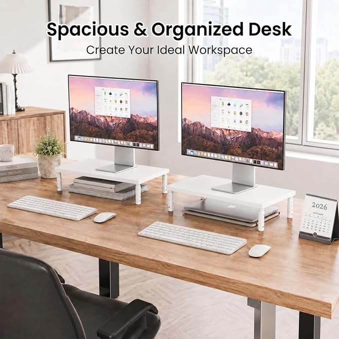 Adjustable Monitor Stand Riser for Desk, Wood Computer & Laptop Stand, Desk Organizers and Accessories, Office Desk Accessories & Workspace Organizer for Home Office Supplies, White