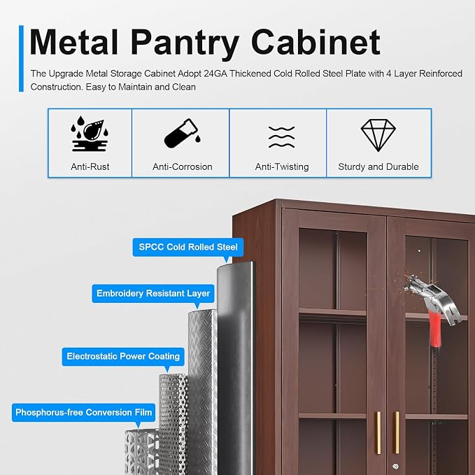 Polup 71" Wood Grain Metal Glass Display Cabinet with Security Lock | 5-Tier Curio Case & Tempered Doors, 4 Adjustable Shelves, Heavy-Duty China Storage for Living Room, School & Commercial