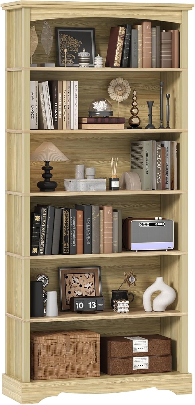 TVU 6-Tier Wooden Bookshelf, 76 Inch Tall Bookshelf with Storage, Floor Standing Modern Style Display Bookcase for Living Room, Office, Study Room, Entryway, Natural Wood Color