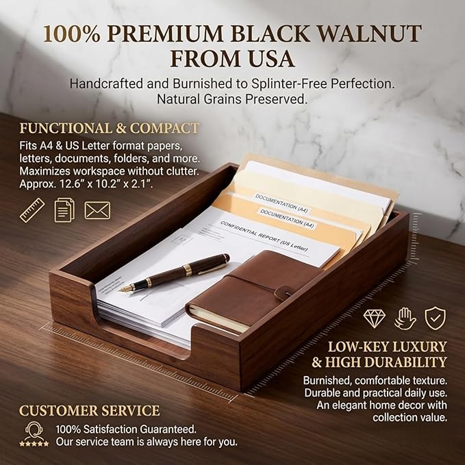 Bamber Wood Letter Tray Wooden Desk Organizer Paper Document File Tray for Office Supplies Collection Folders Notebooks, Black Walnut