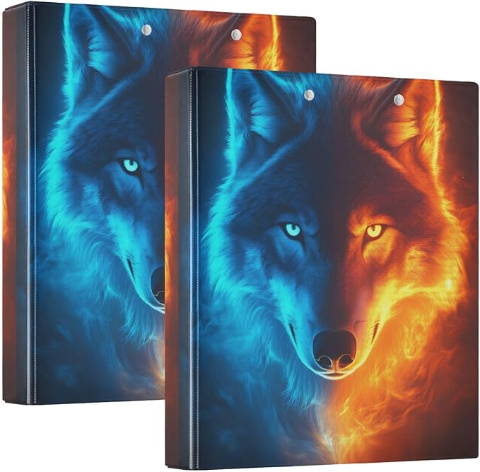 Aslsiy Kids 3 Ring Binder 1.5 Inch Water and Fire Wolf (4) Girls Round Clipboard Binder Decorative Harcover Binders Organizer for Office School Supply